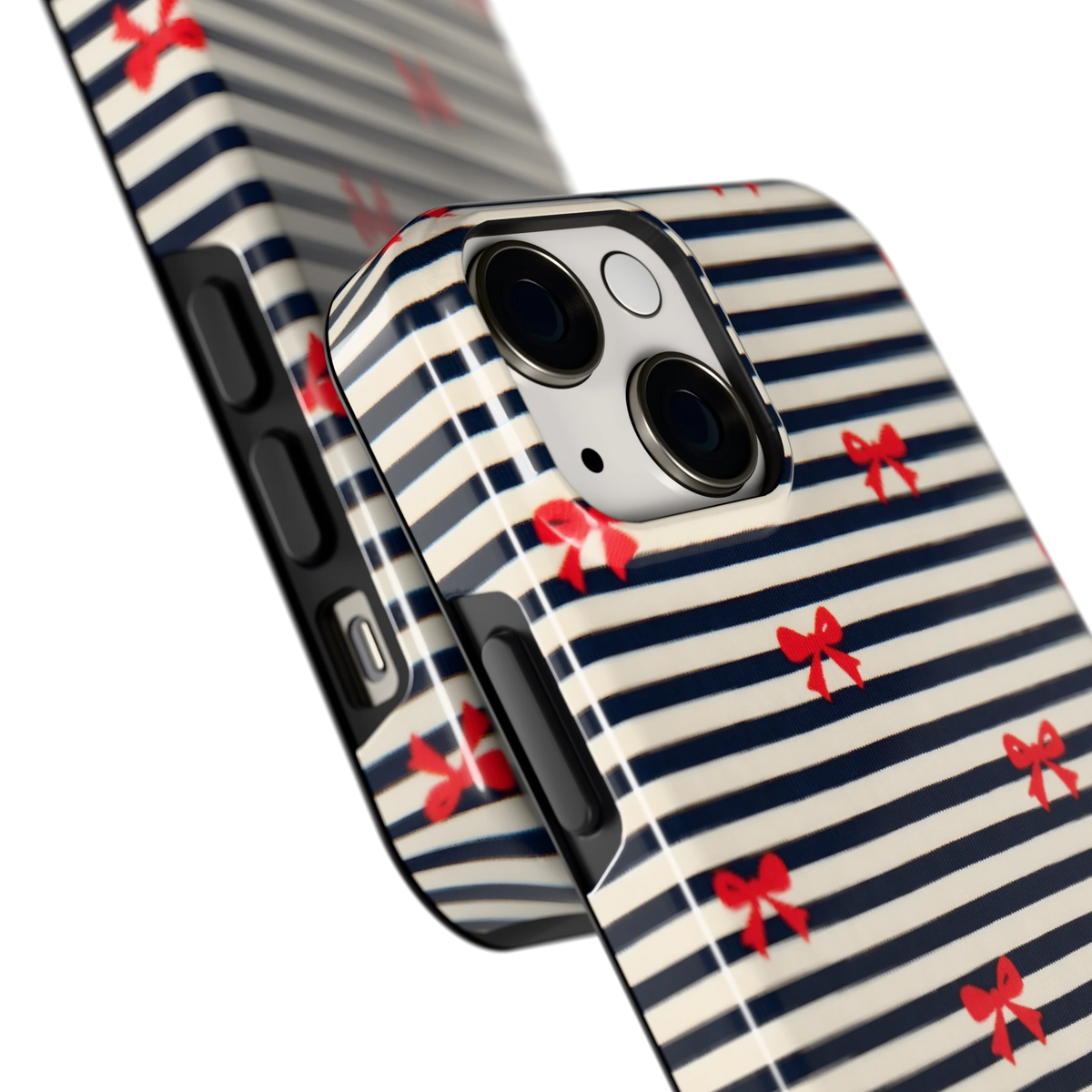 Strikjes op Strepen hoesje voor iPhone 13 mini, close-up