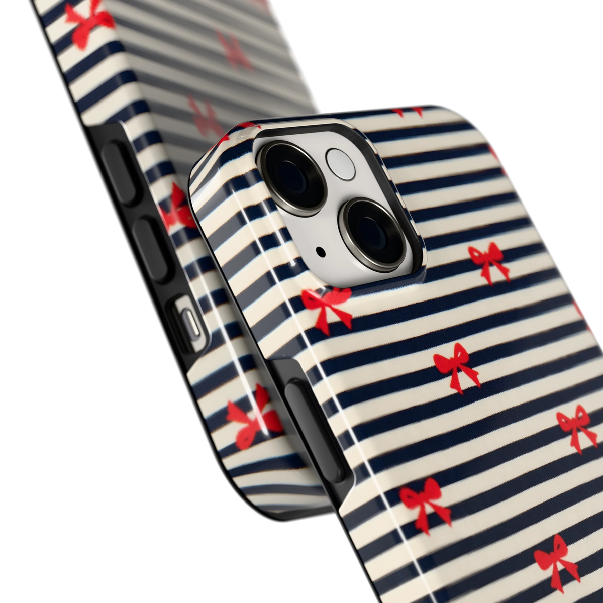 Strikjes op Strepen hoesje voor iPhone 14, close-up