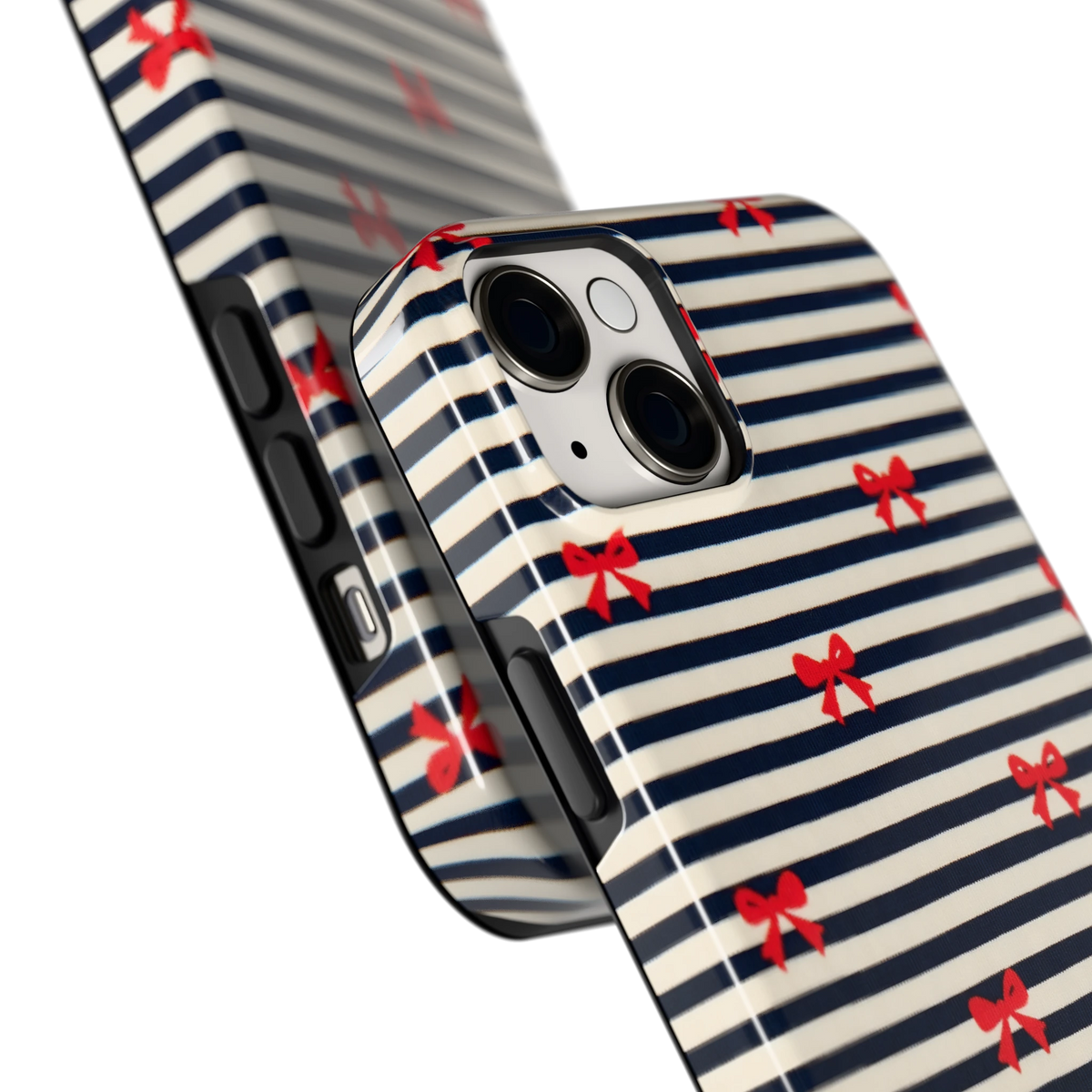 Strikjes op Strepen hoesje voor iPhone 14 Plus, close-up