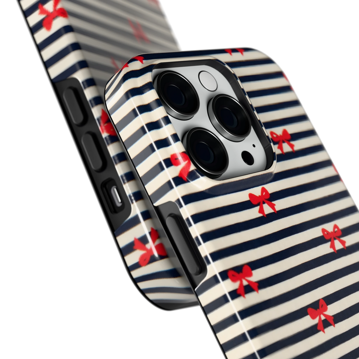Strikjes op Strepen hoesje voor iPhone 14 Pro, close-up