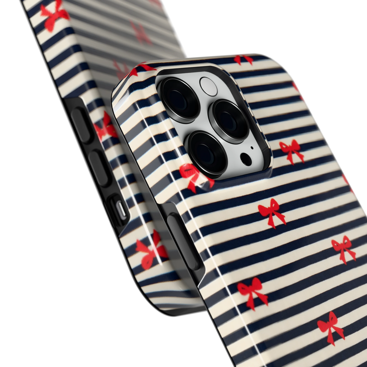 Strikjes op Strepen hoesje voor iPhone 14 Pro Max, close-up