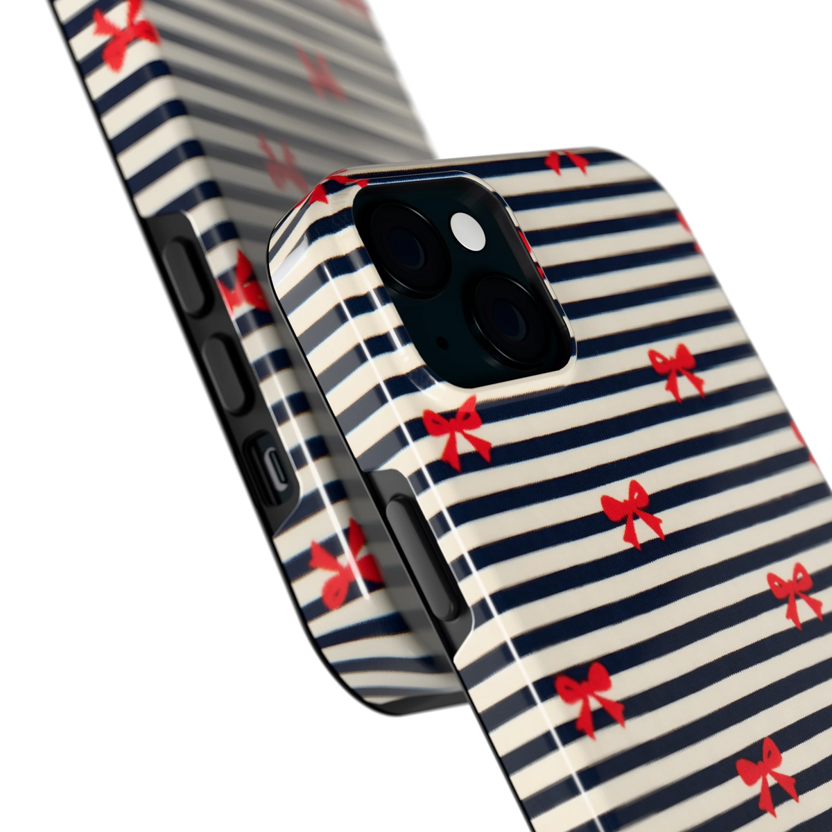 Strikjes op Strepen hoesje voor iPhone 15 Plus, close-up