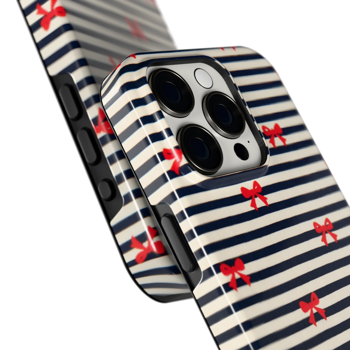 Strikjes op Strepen hoesje voor iPhone 15 Pro, close-up