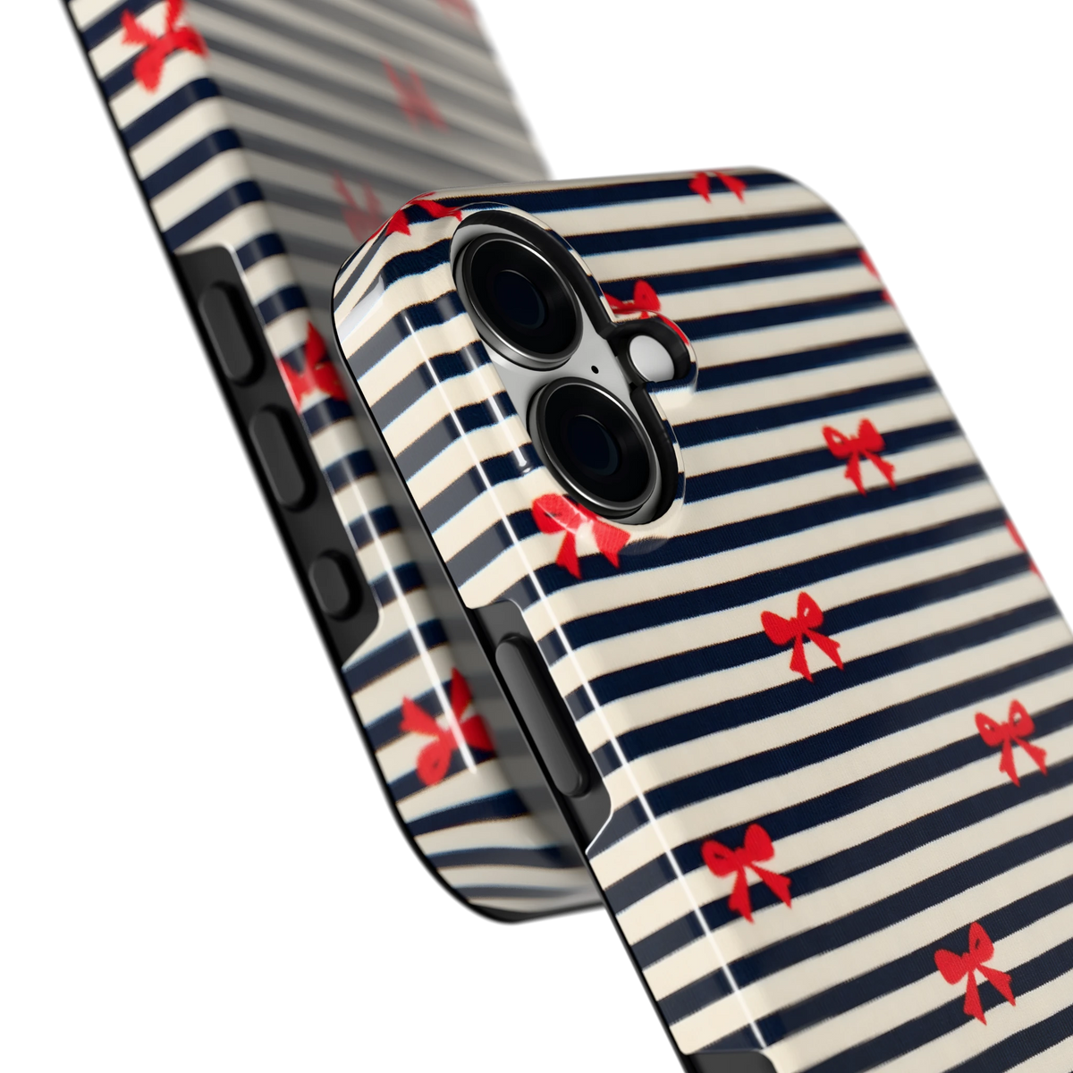 Strikjes op Strepen hoesje voor iPhone 16 Plus, close-up
