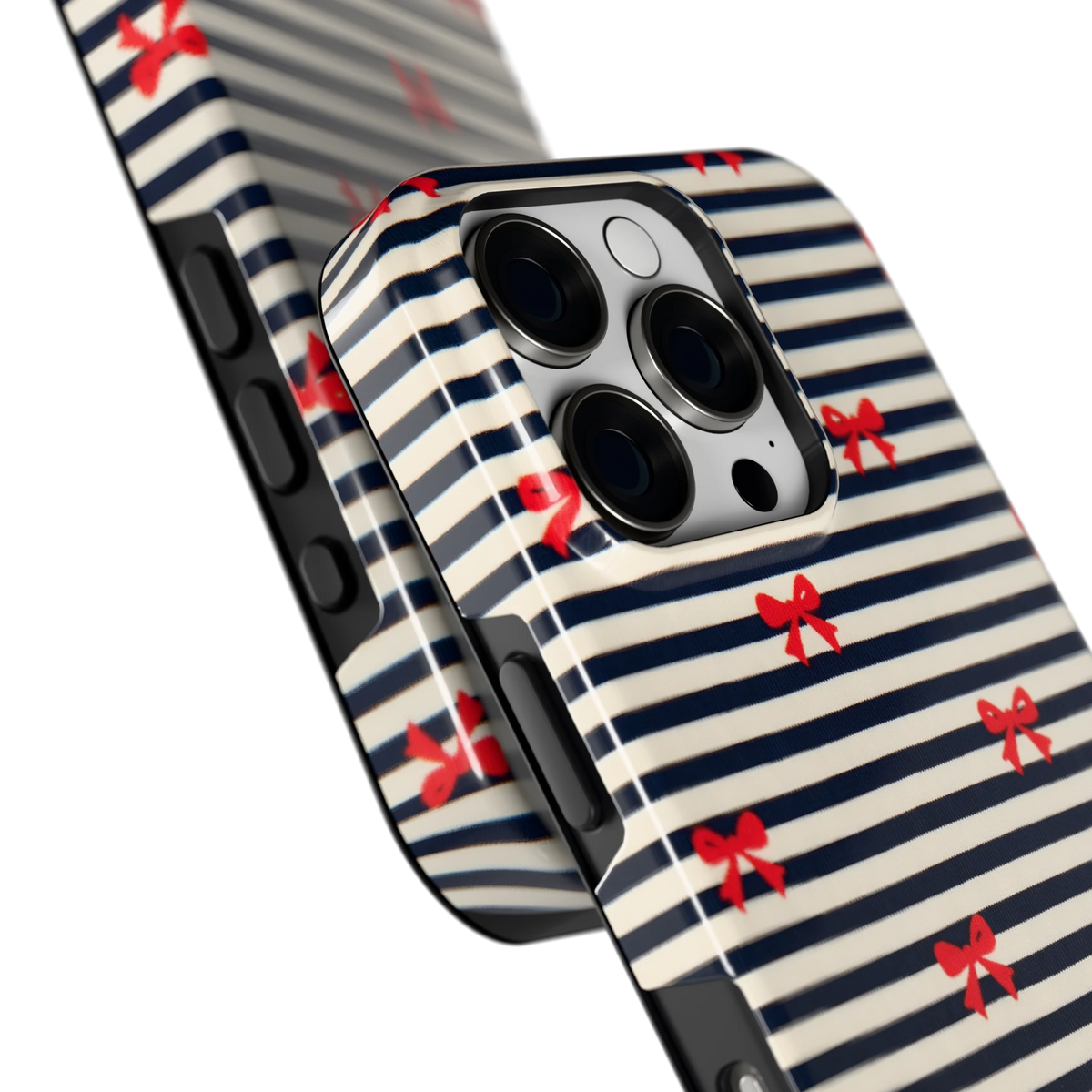 Strikjes op Strepen hoesje voor iPhone 16 Pro, close-up