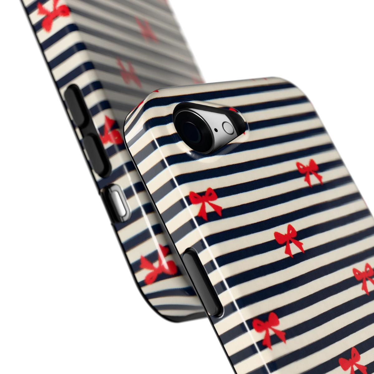 Strikjes op Strepen hoesje voor iPhone 16e, close-up