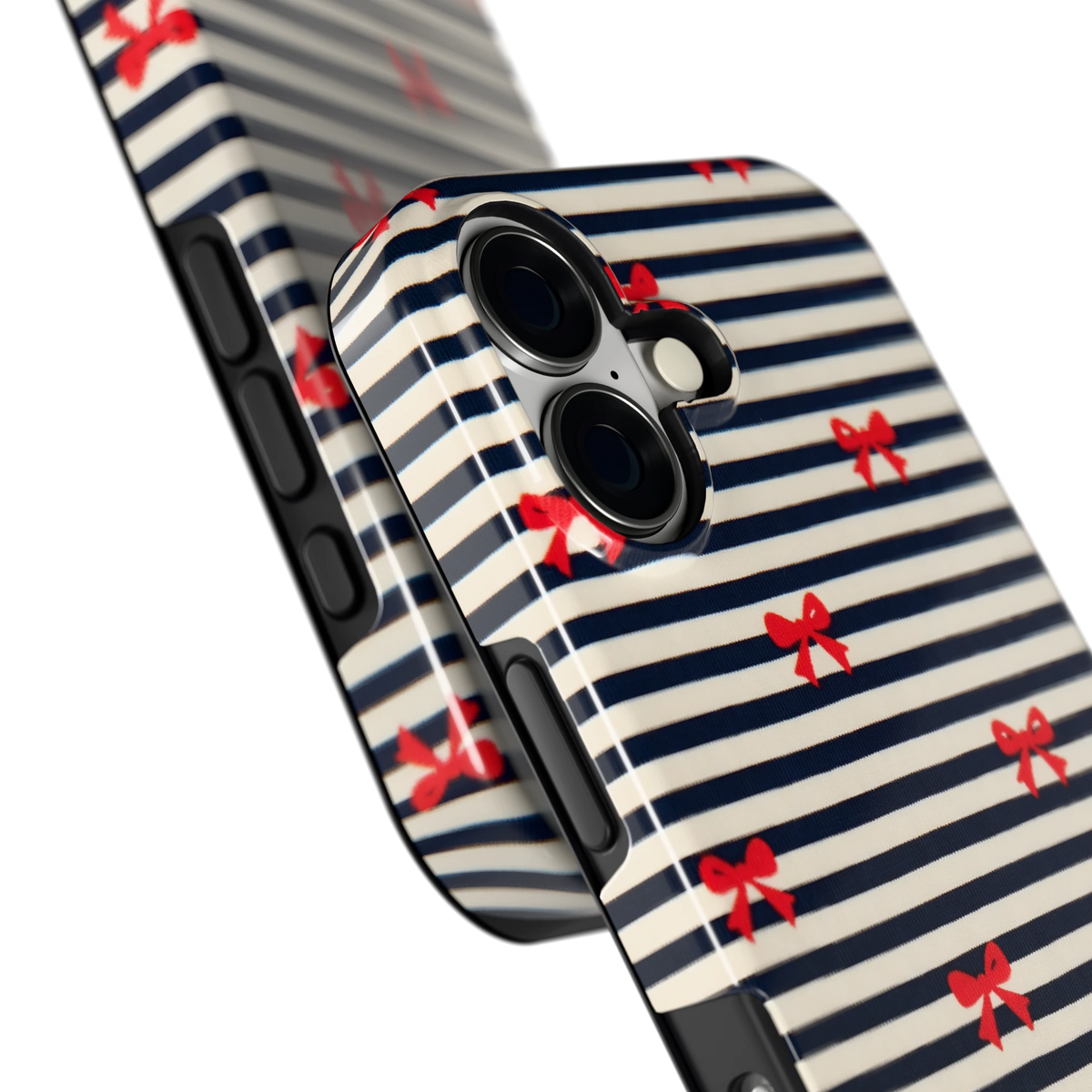 Strikjes op Strepen hoesje voor iPhone 17, close-up
