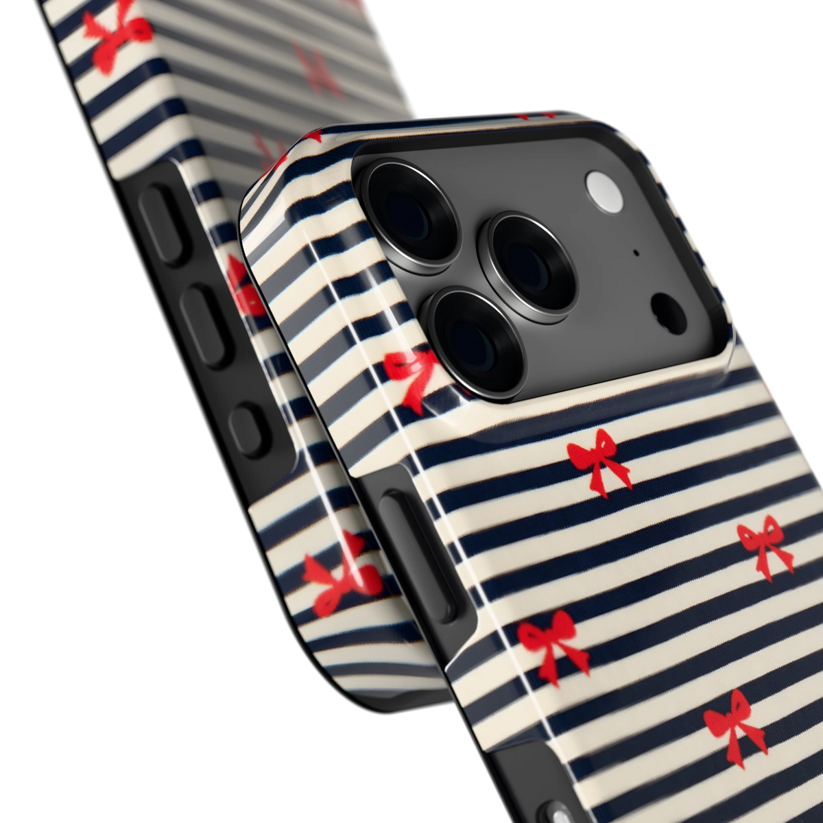 Strikjes op Strepen hoesje voor iPhone 18 Pro, close-up