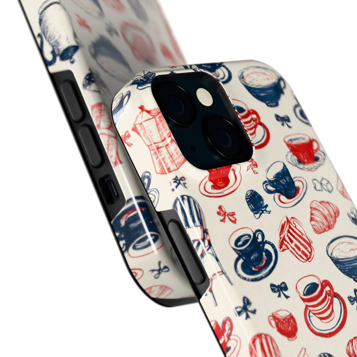Café Tafel hoesje voor iPhone 15, close-up