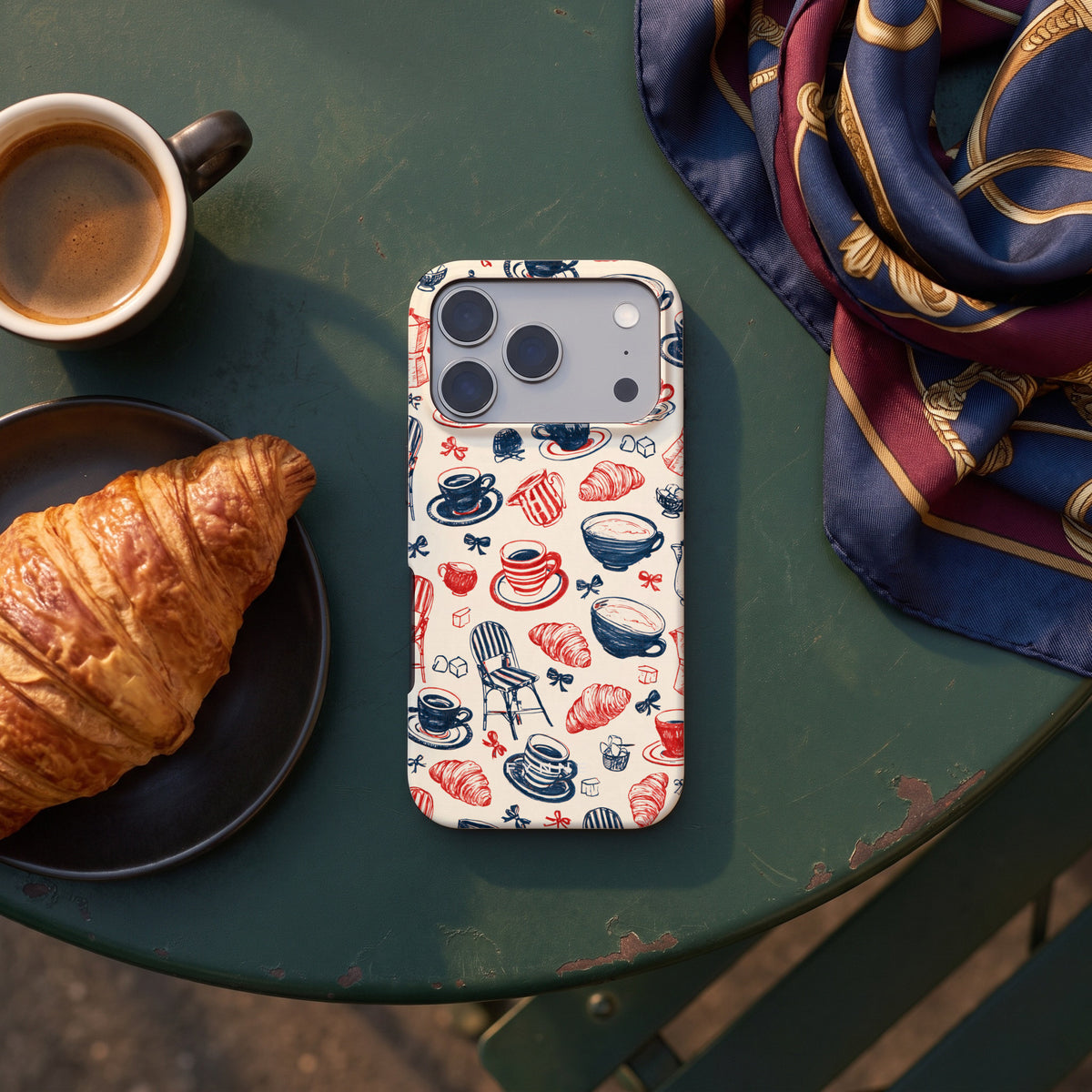 Café Tafel hoesje op een iPhone 17 Pro, uit The Parisian Chic Collection