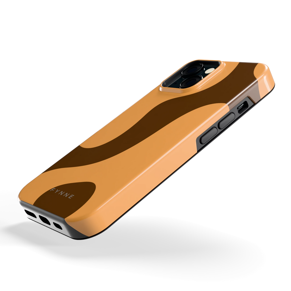 Karamel Vlekken hoesje voor iPhone 15, schuin
