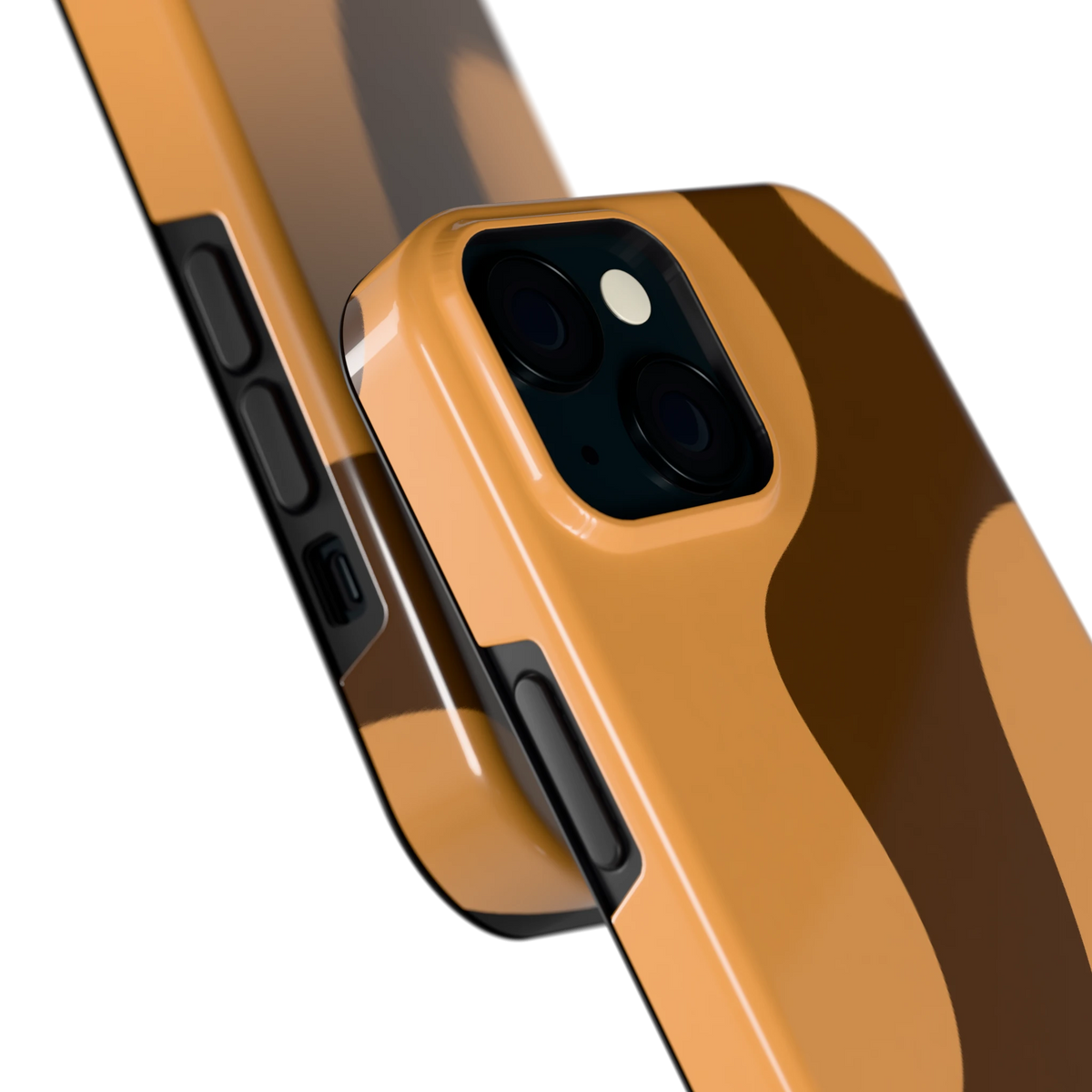 Karamel Vlekken hoesje voor iPhone 15, close-up