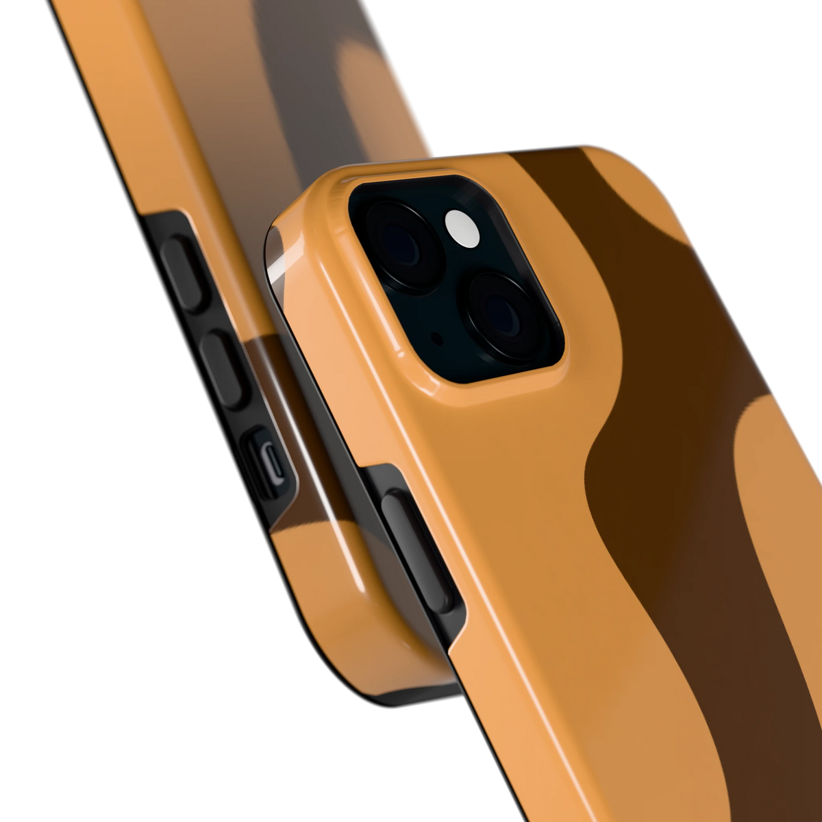Karamel Vlekken hoesje voor iPhone 15 Plus, close-up