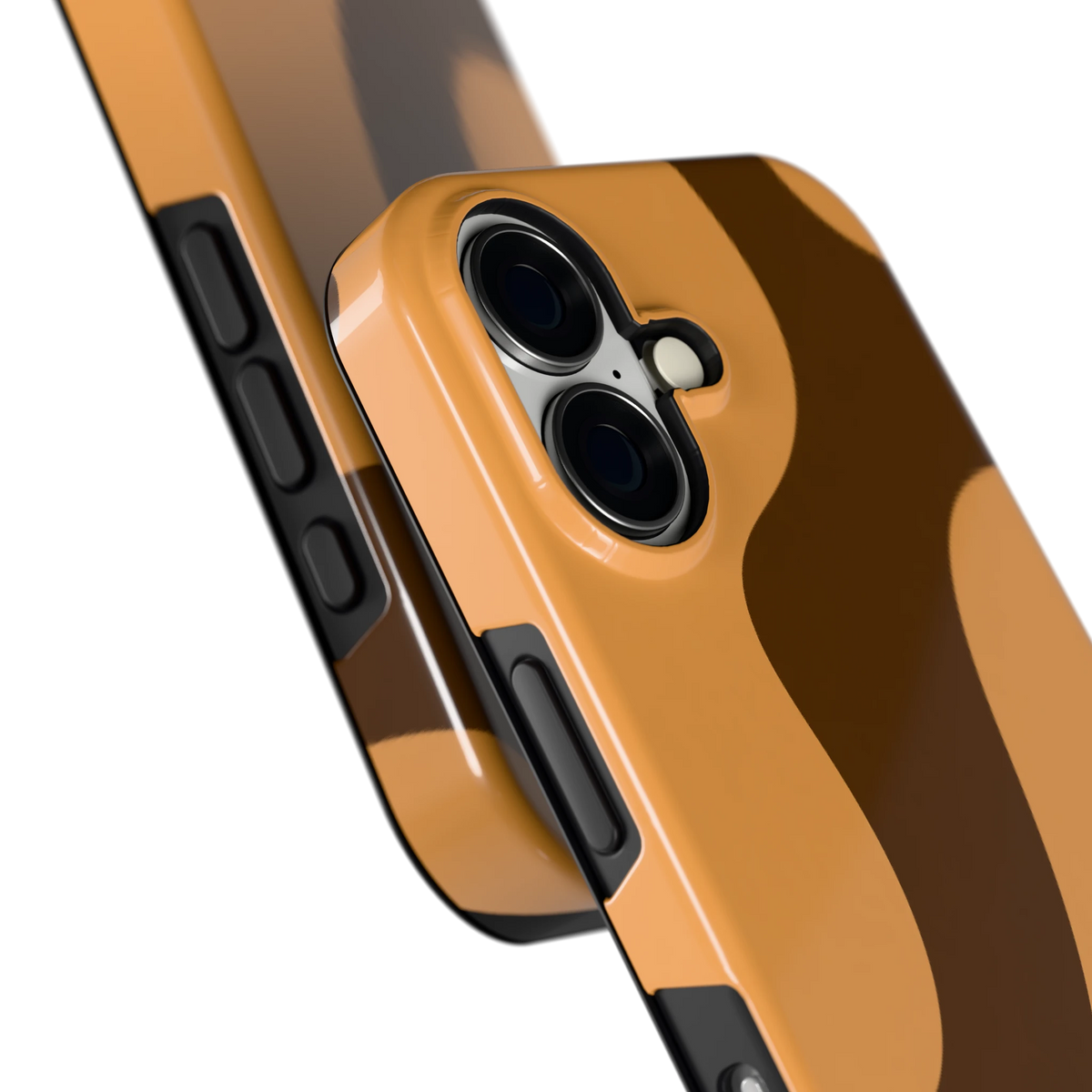 Karamel Vlekken hoesje voor iPhone 16, close-up