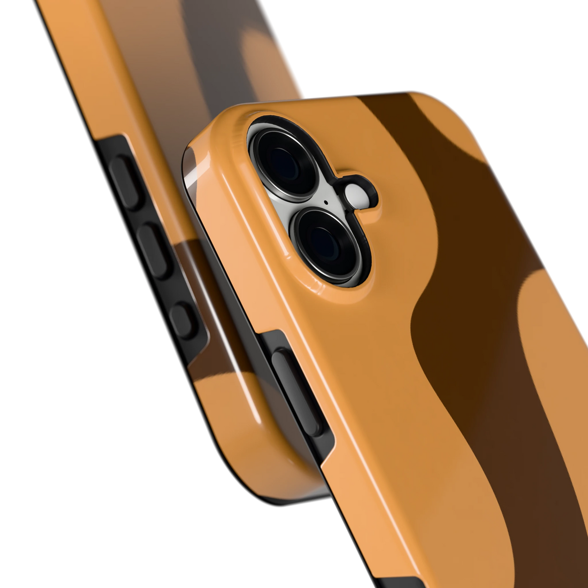 Karamel Vlekken hoesje voor iPhone 16 Plus, close-up