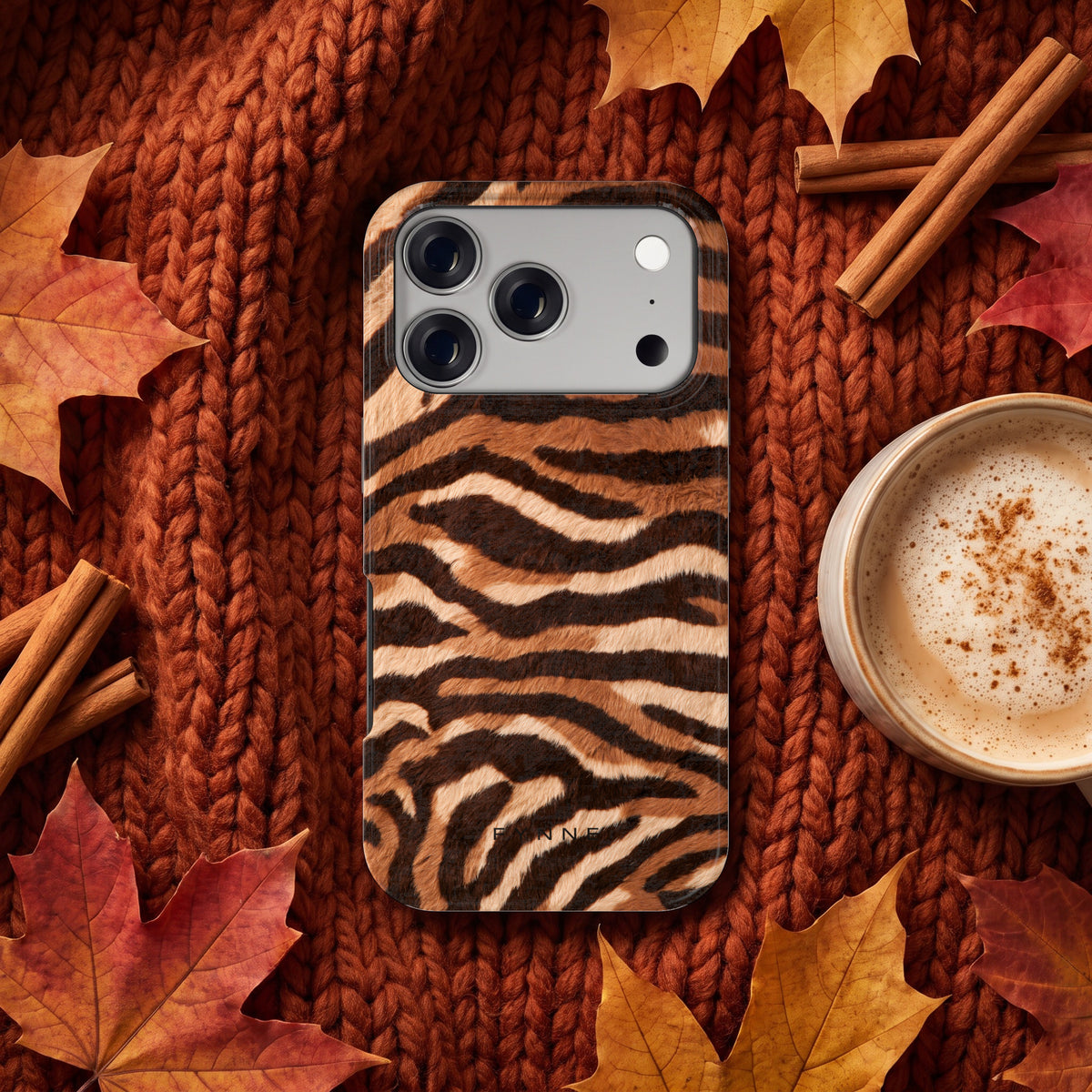 Caramel Zebra hoesje op een iPhone 17 Pro, uit The Fall Collection