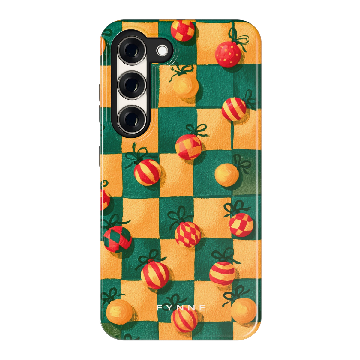 Geblokte Kerstballen hoesje voor Galaxy S23, achterkant
