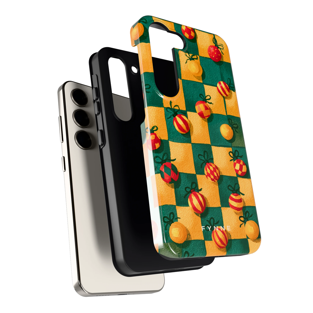 Geblokte Kerstballen hoesje voor Galaxy S23, los van de telefoon