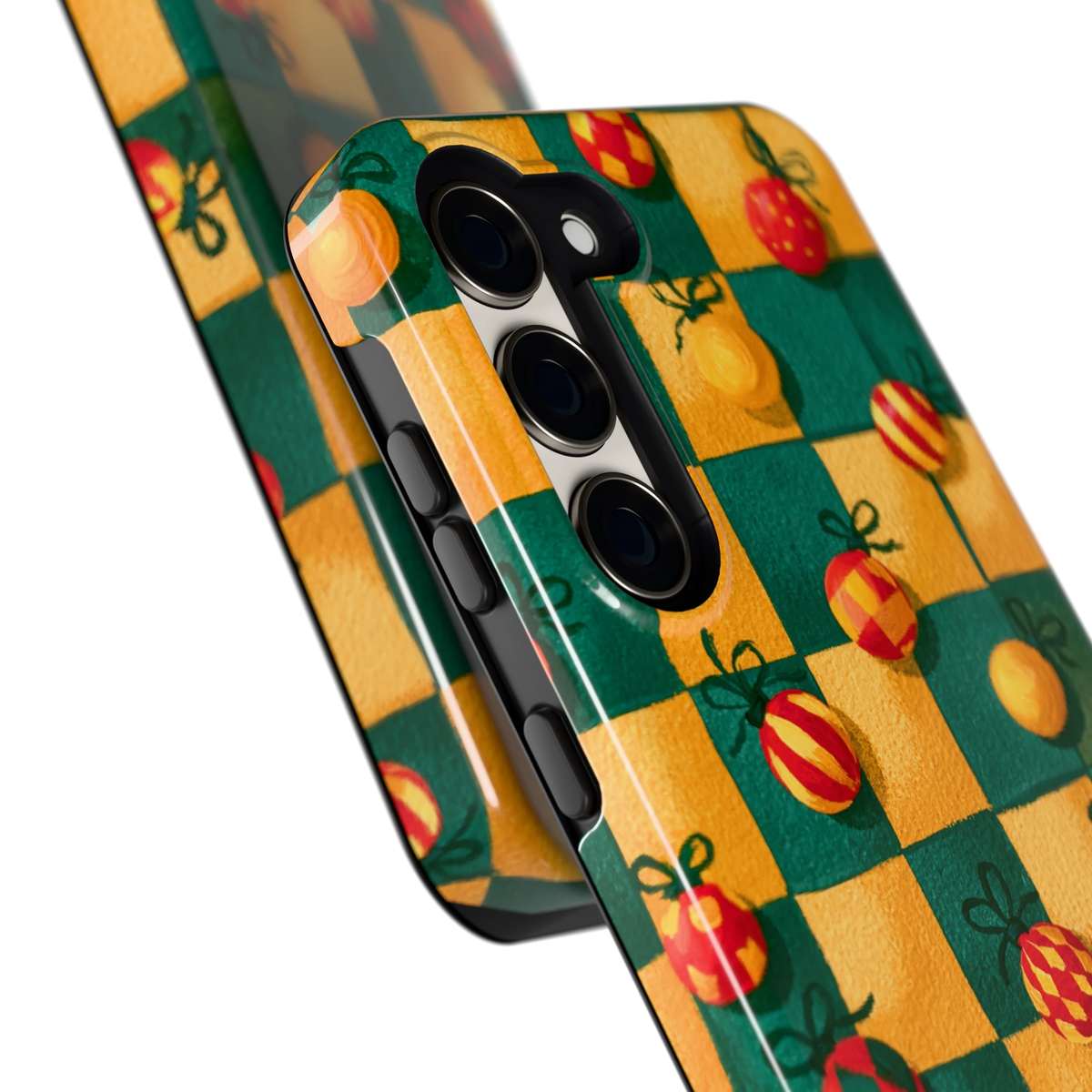 Geblokte Kerstballen hoesje voor Galaxy S23, close-up
