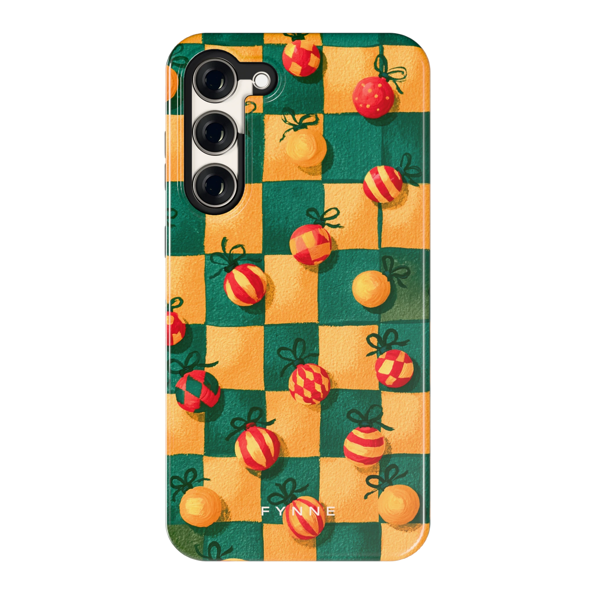 Geblokte Kerstballen hoesje voor Galaxy S23+, achterkant
