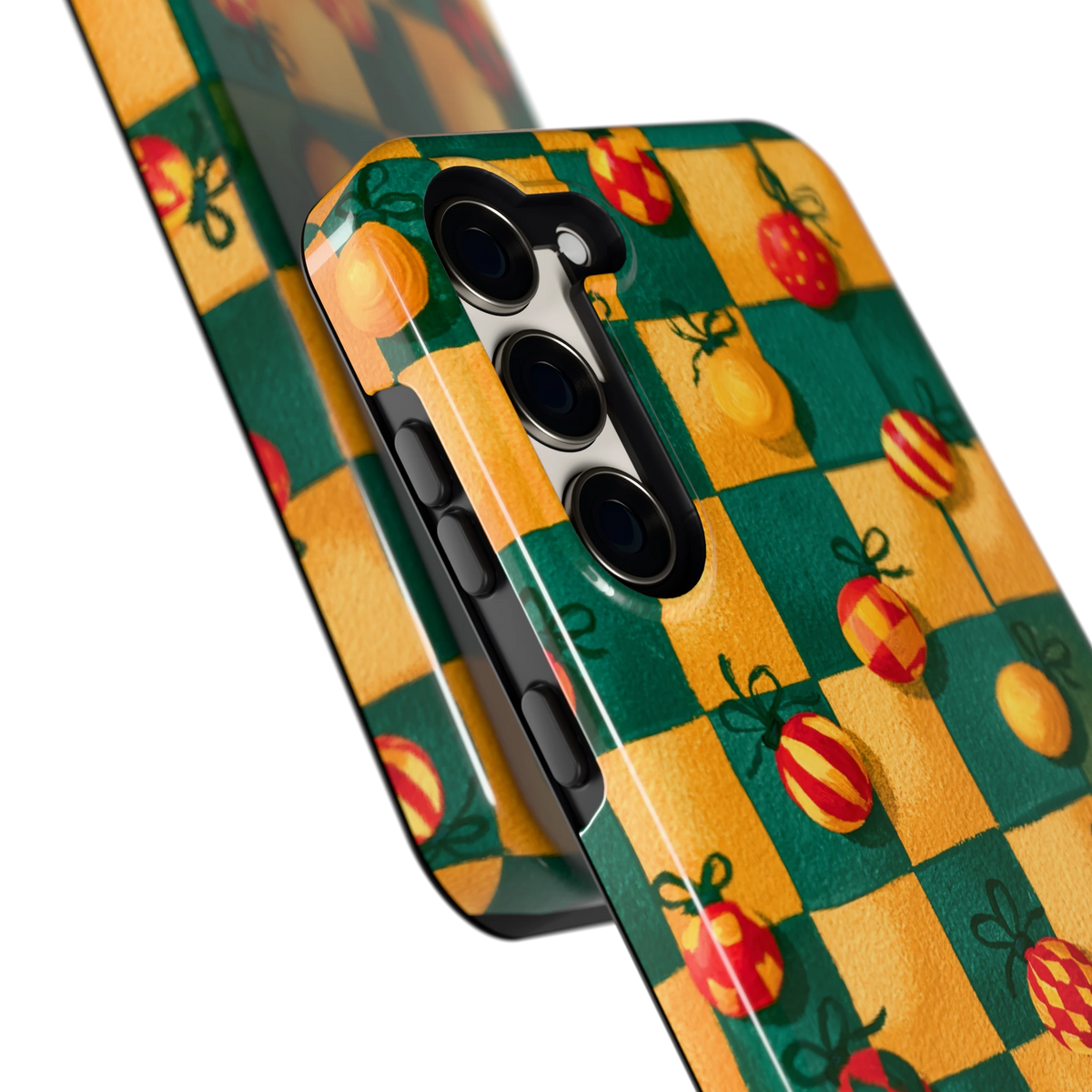 Geblokte Kerstballen hoesje voor Galaxy S23+, close-up