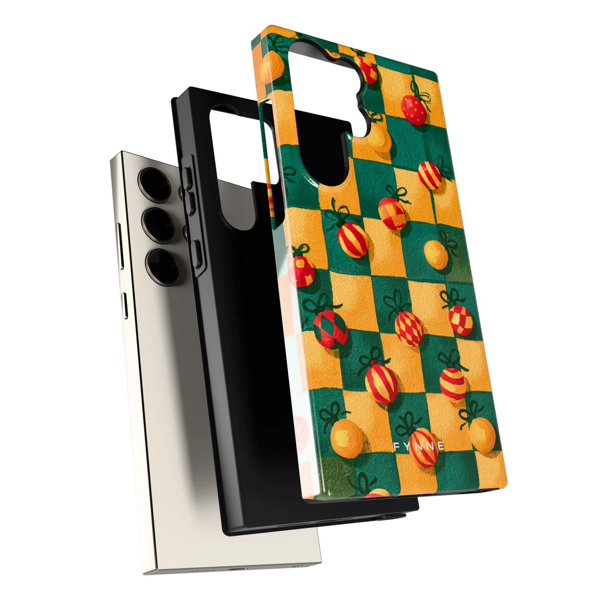 Geblokte Kerstballen hoesje voor Galaxy S23 Ultra, los van de telefoon
