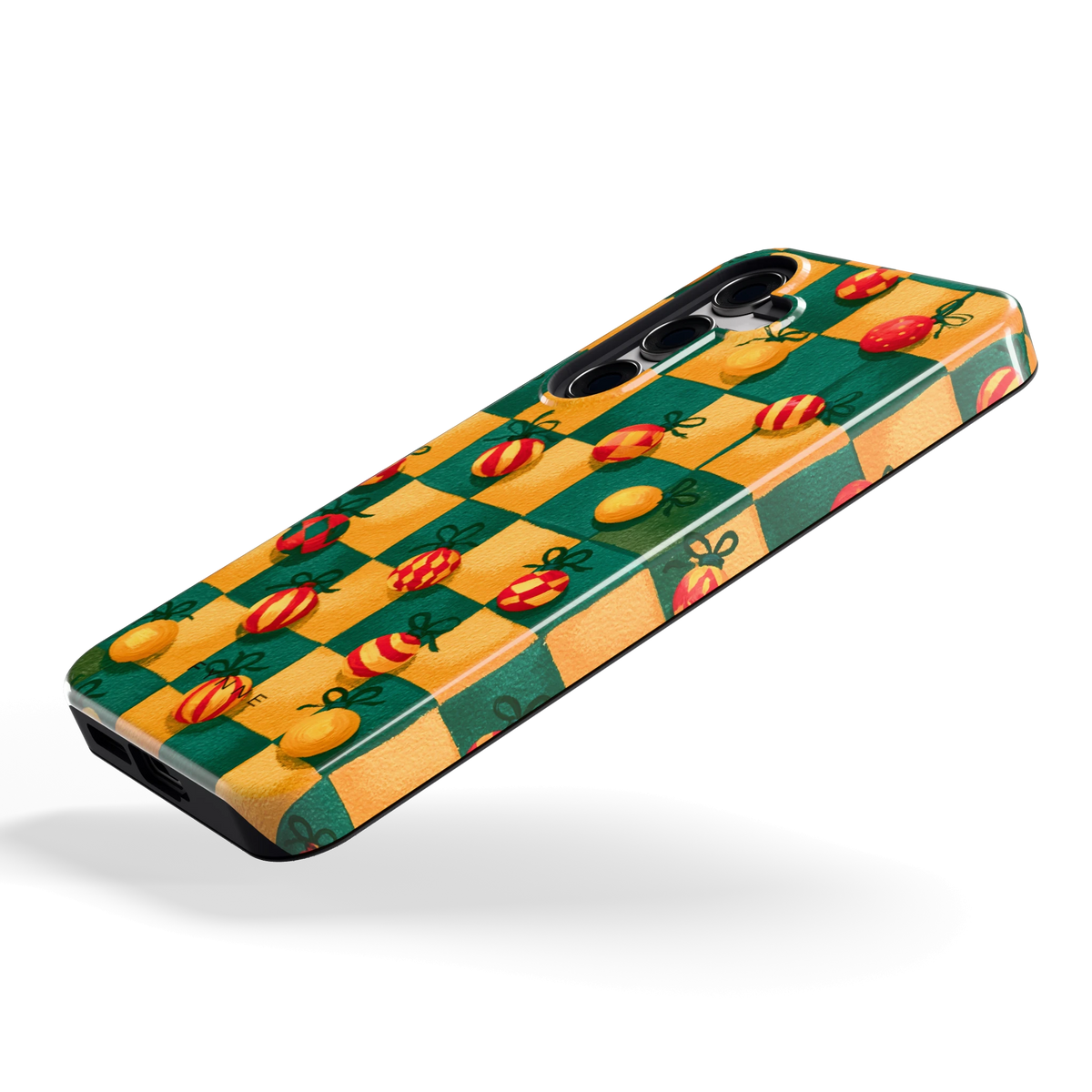 Geblokte Kerstballen hoesje voor Galaxy S24, schuin
