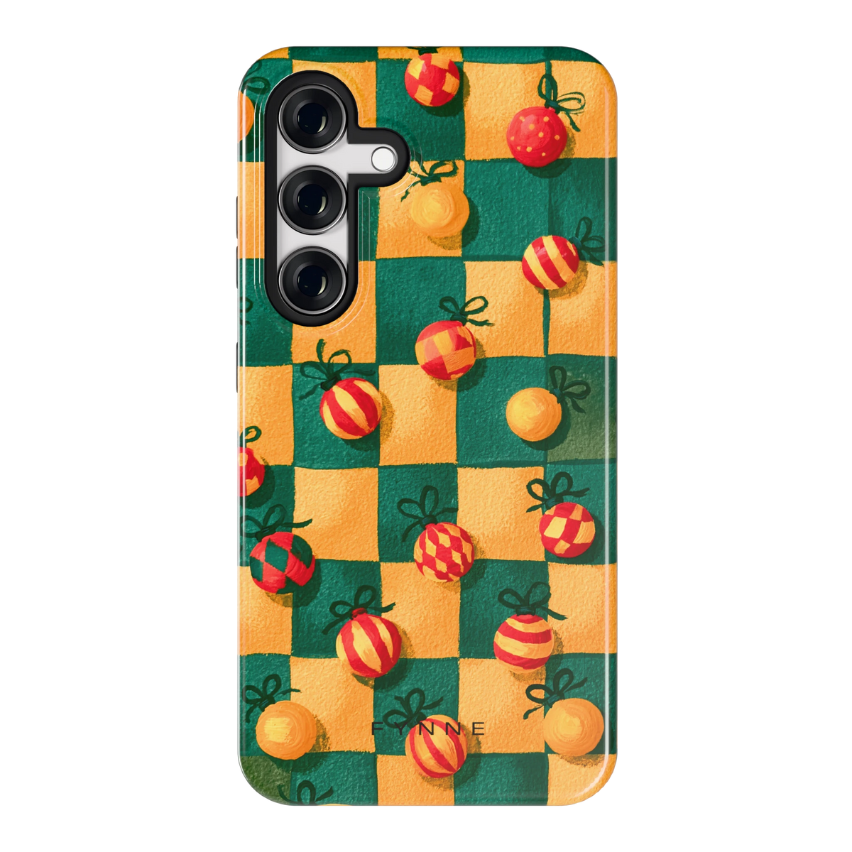 Geblokte Kerstballen hoesje voor Galaxy S24, achterkant
