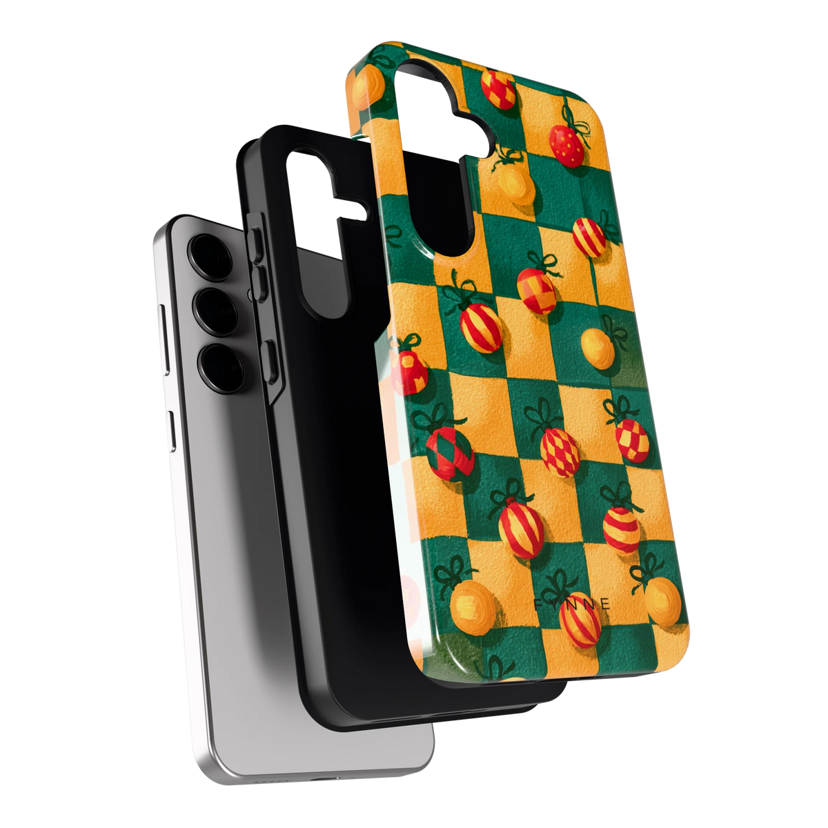Geblokte Kerstballen hoesje voor Galaxy S24, los van de telefoon