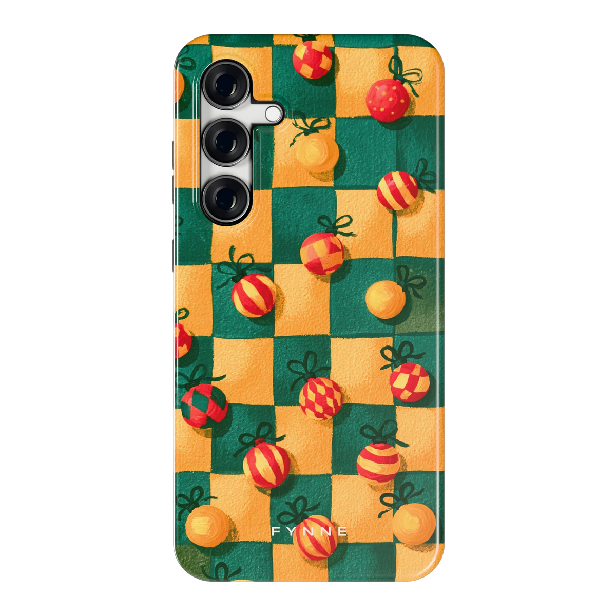 Geblokte Kerstballen hoesje voor Galaxy S24 FE, achterkant