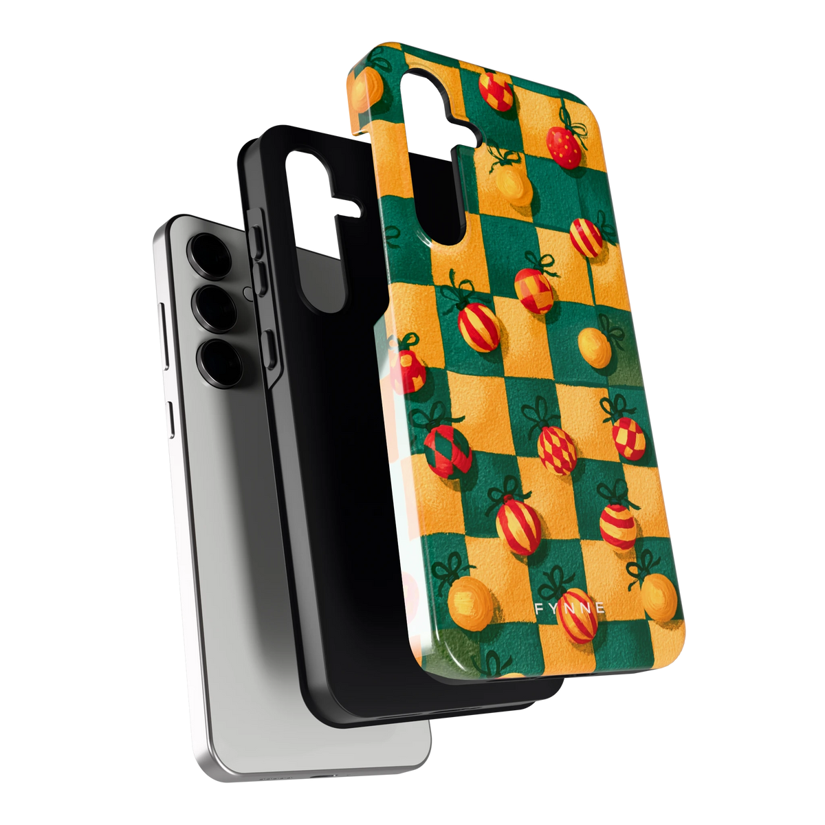 Geblokte Kerstballen hoesje voor Galaxy S24 FE, los van de telefoon