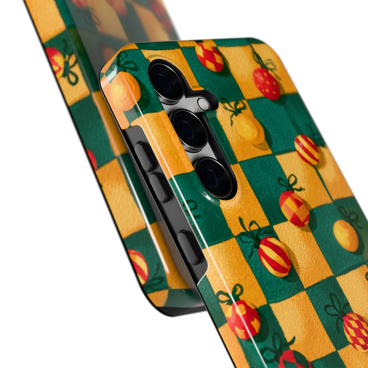 Geblokte Kerstballen hoesje voor Galaxy S24 FE, close-up