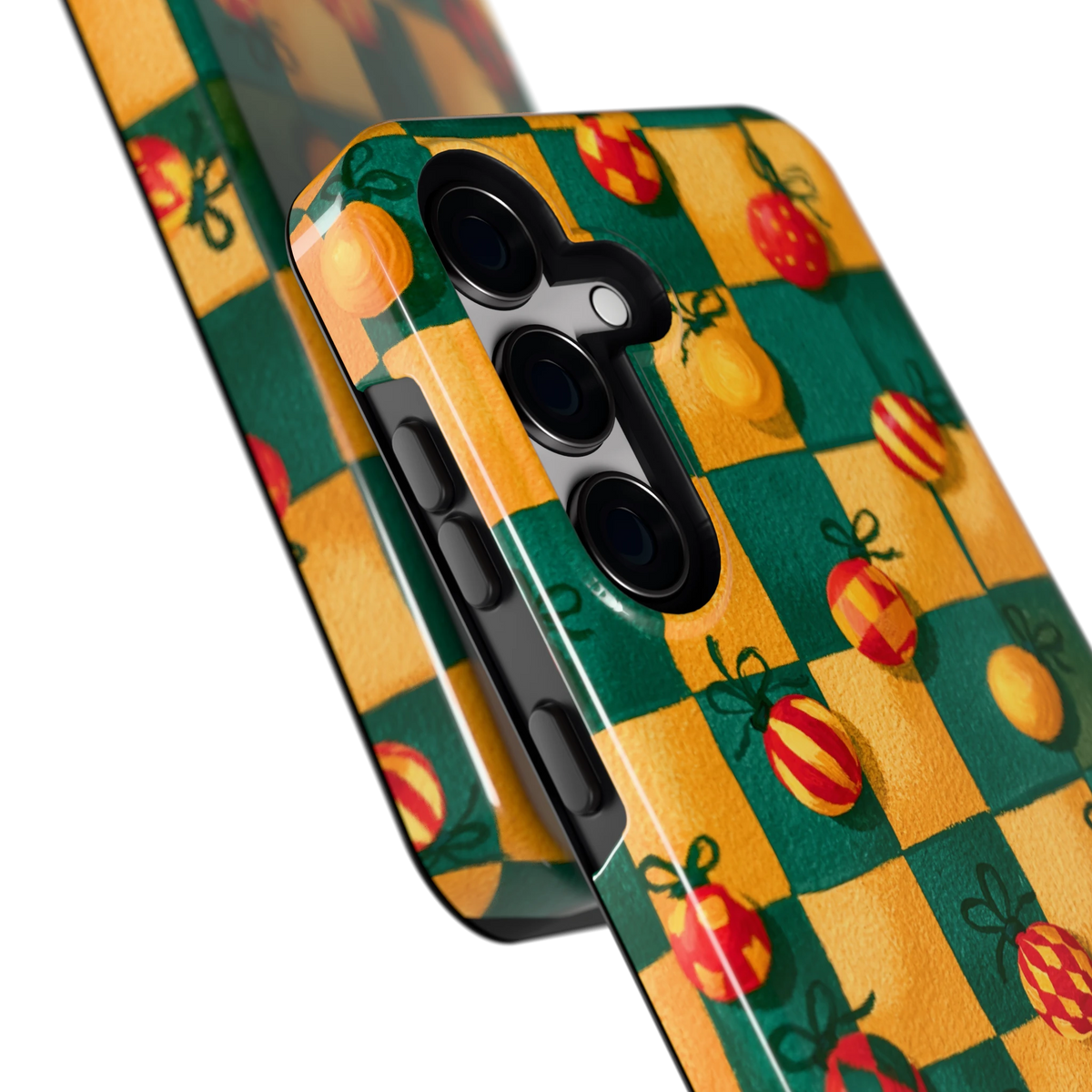 Geblokte Kerstballen hoesje voor Galaxy S24, close-up