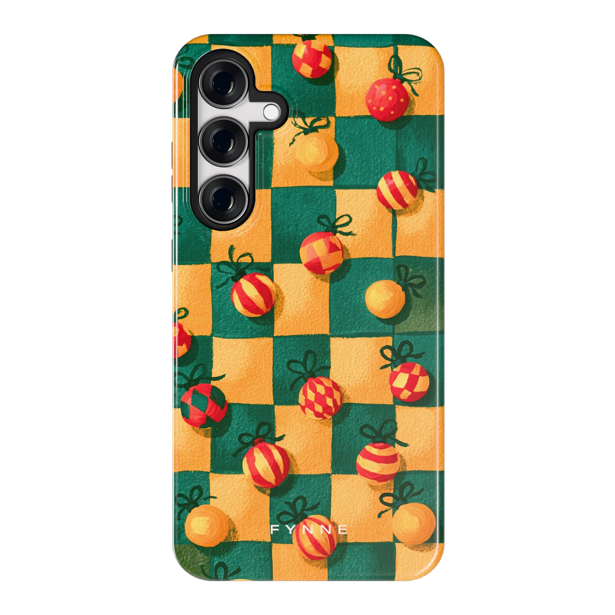 Geblokte Kerstballen hoesje voor Galaxy S24+, achterkant
