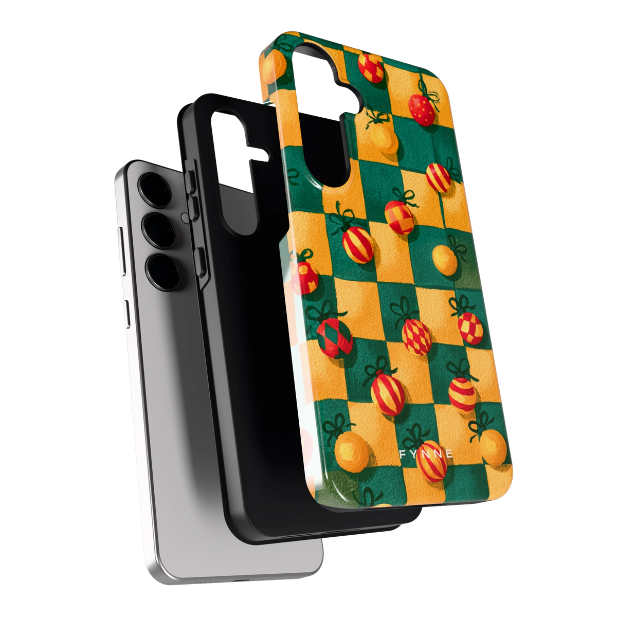 Geblokte Kerstballen hoesje voor Galaxy S24+, los van de telefoon