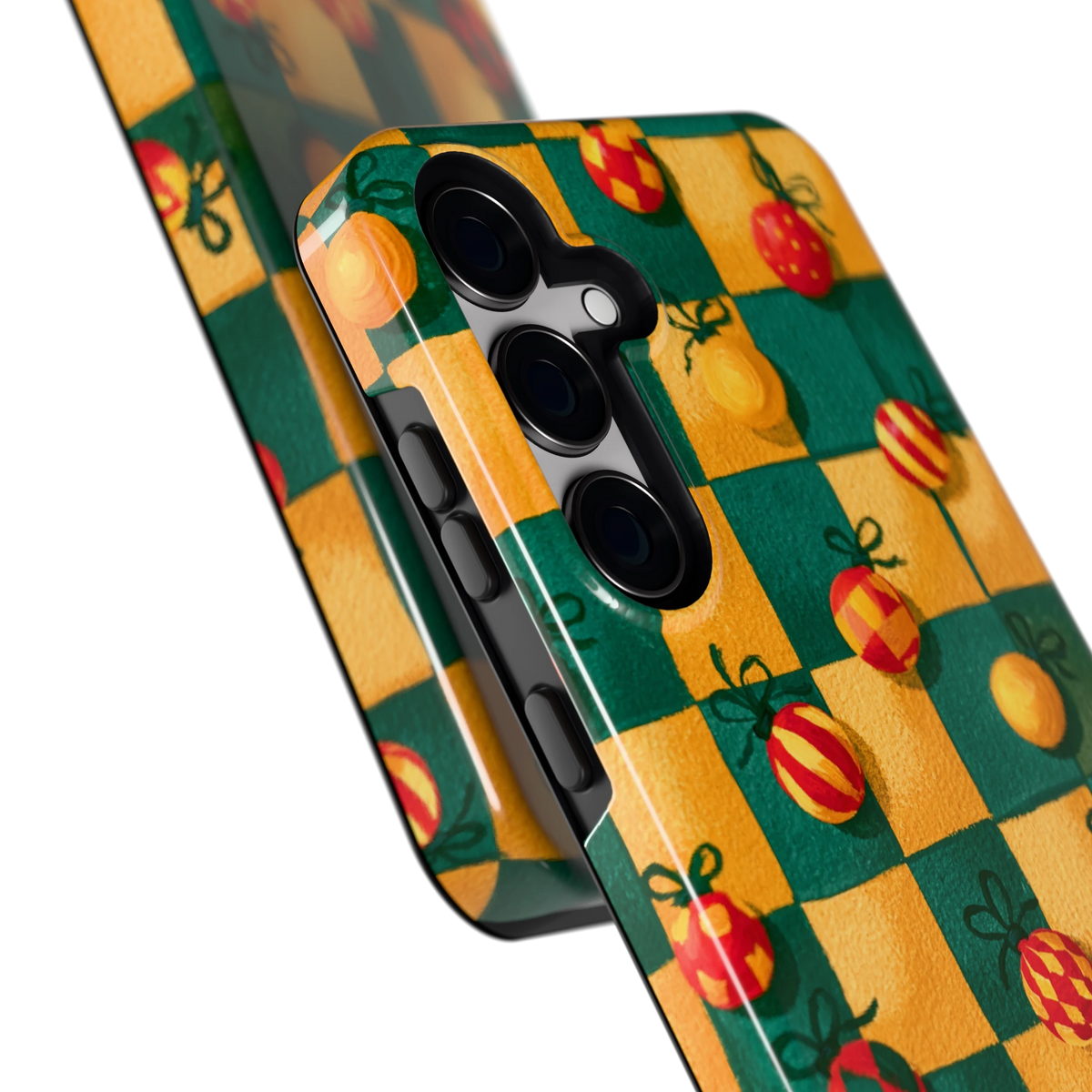Geblokte Kerstballen hoesje voor Galaxy S24+, close-up