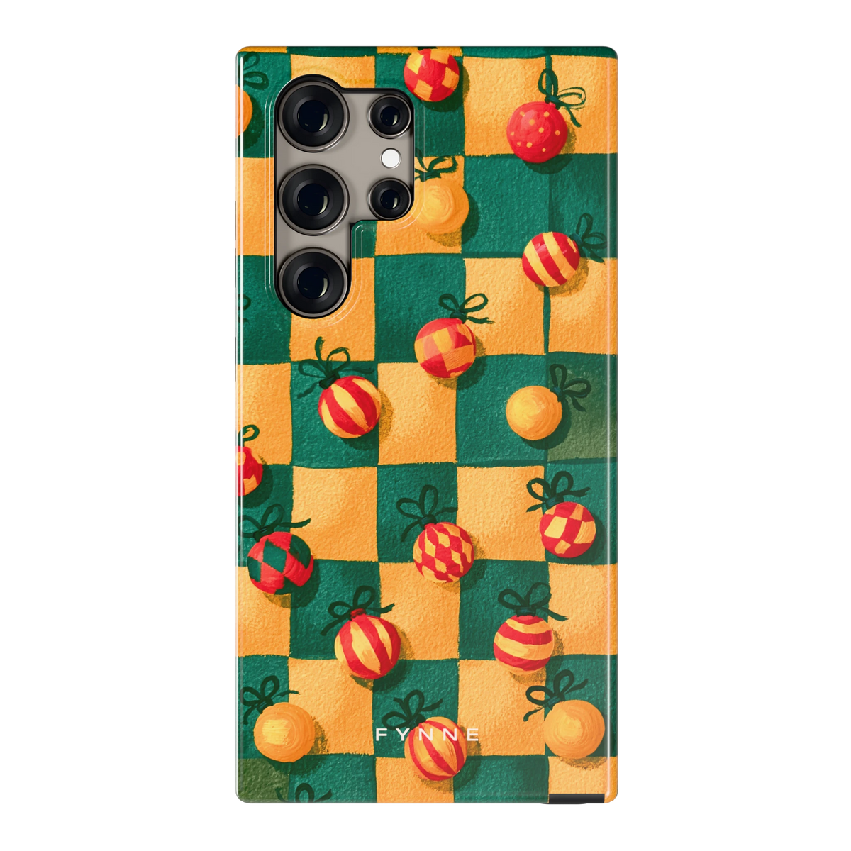 Geblokte Kerstballen hoesje voor Galaxy S24 Ultra, achterkant