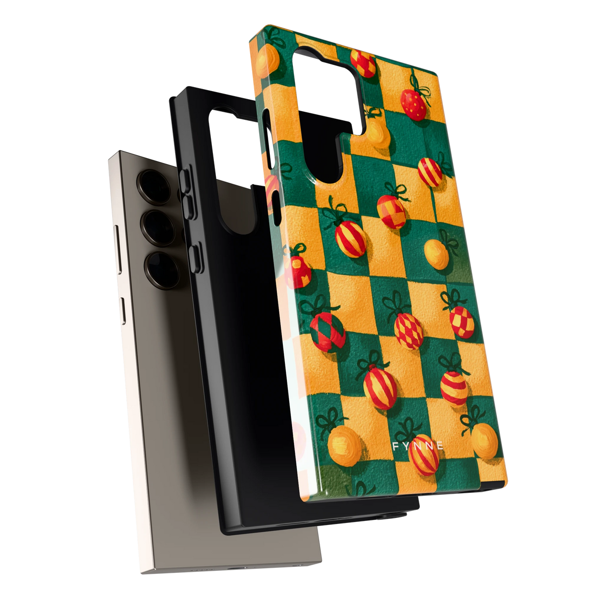 Geblokte Kerstballen hoesje voor Galaxy S24 Ultra, los van de telefoon