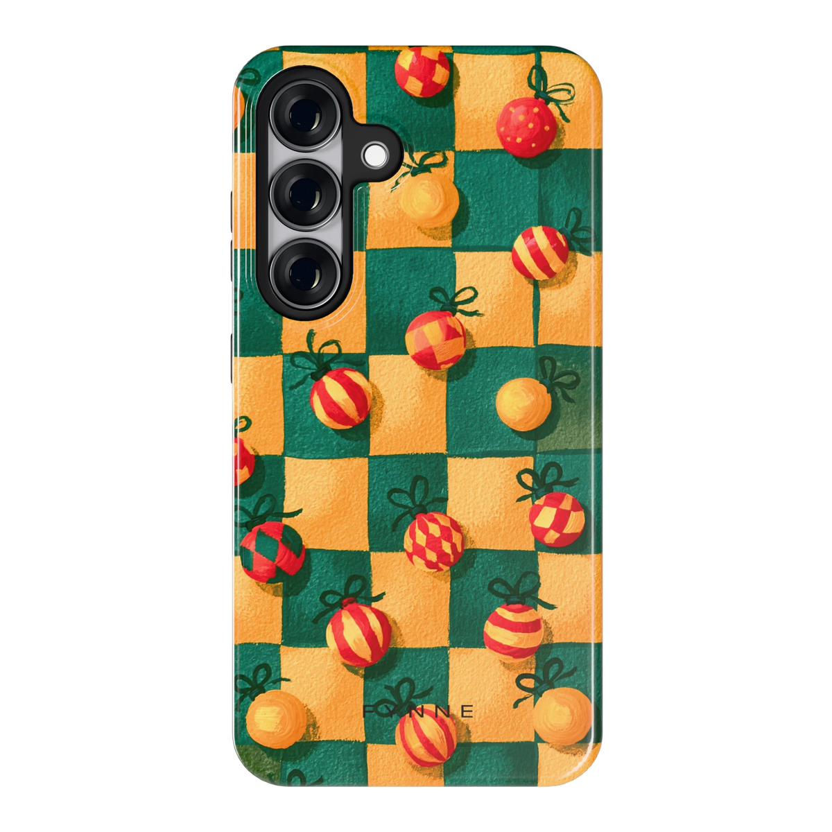 Geblokte Kerstballen hoesje voor Galaxy S25, achterkant