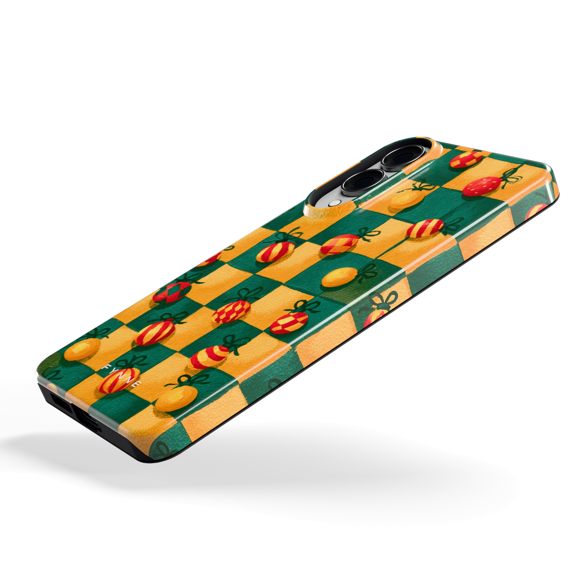 Geblokte Kerstballen hoesje voor Galaxy S25 Edge, schuin
