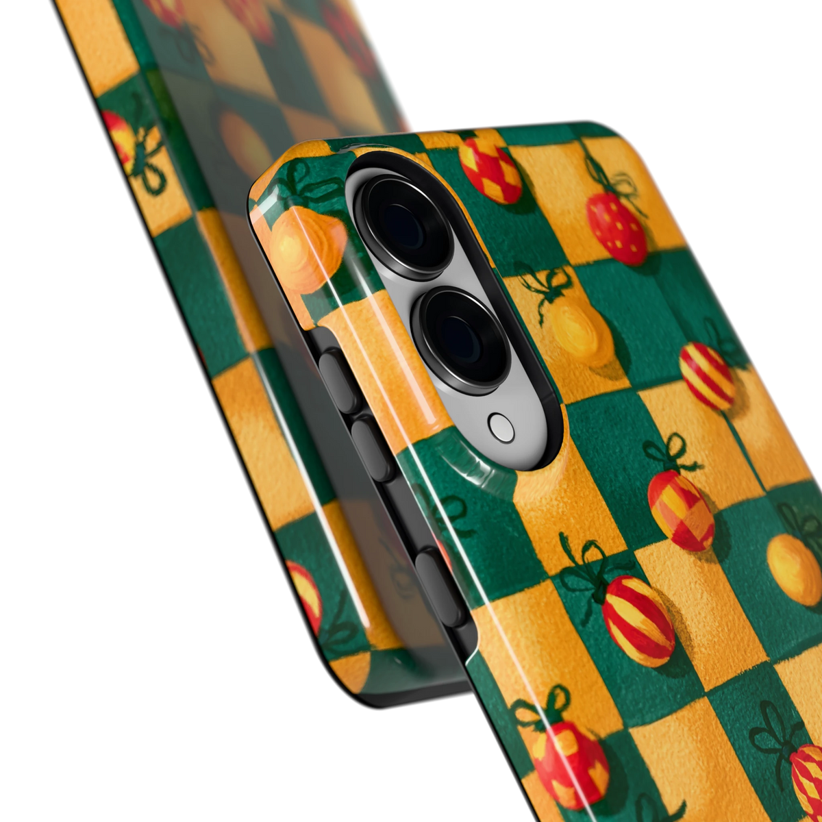 Geblokte Kerstballen hoesje voor Galaxy S25 Edge, close-up