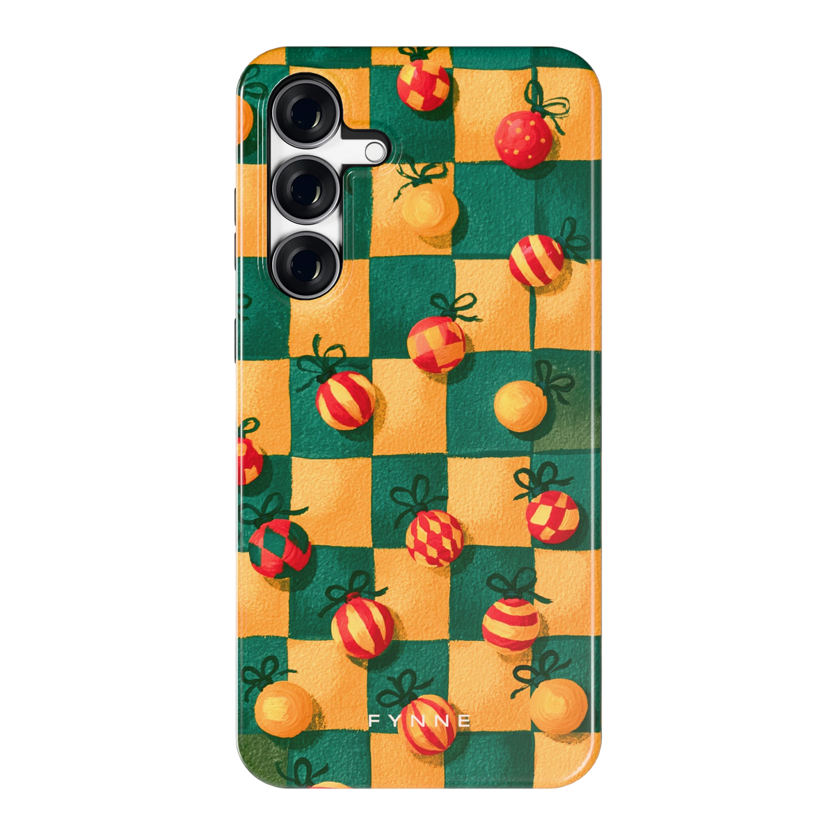 Geblokte Kerstballen hoesje voor Galaxy S25 FE, achterkant