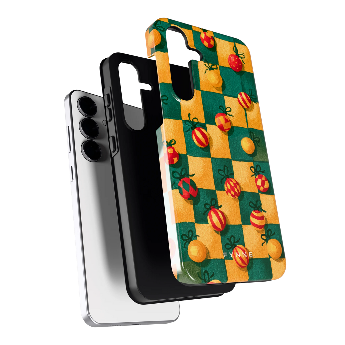 Geblokte Kerstballen hoesje voor Galaxy S25 FE, los van de telefoon
