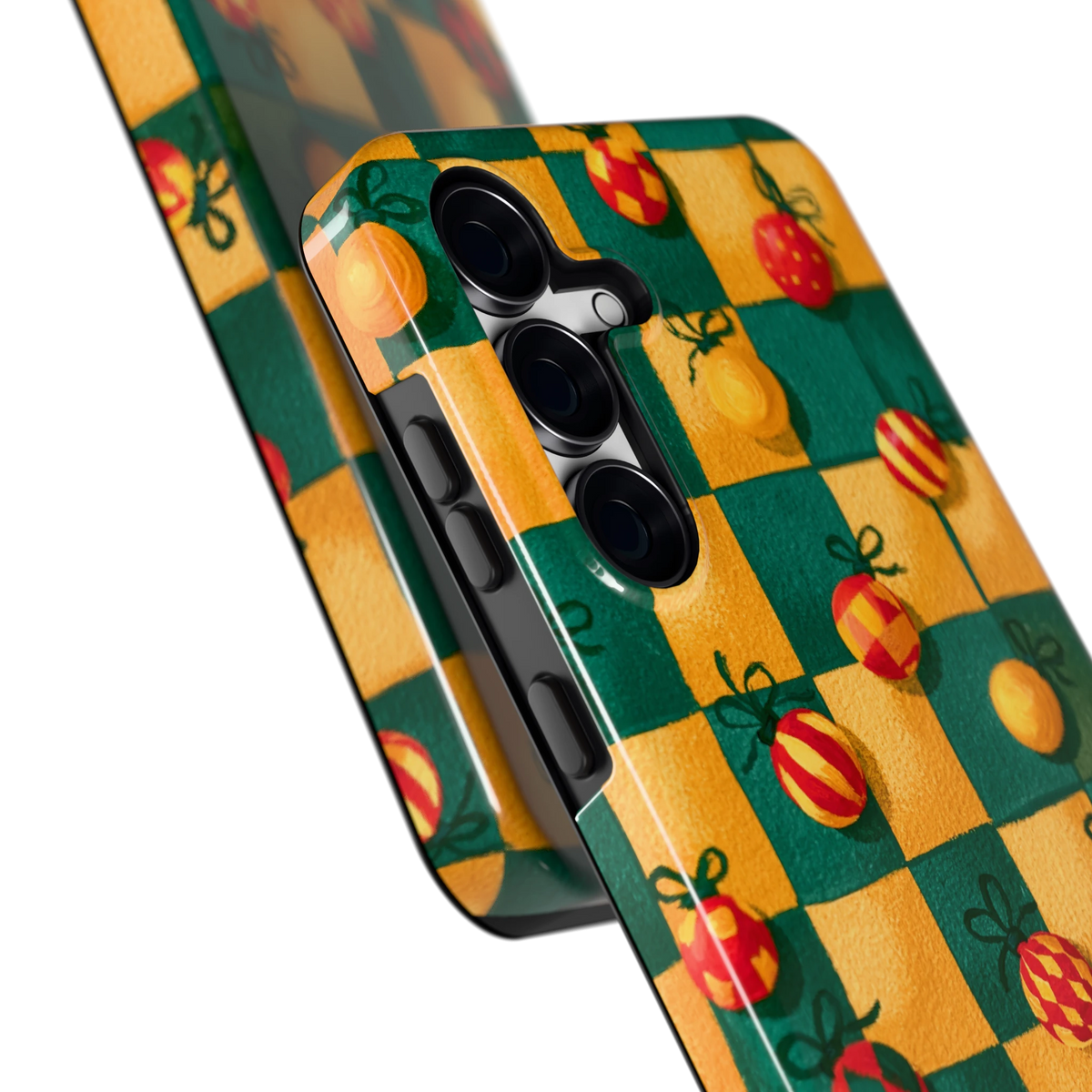 Geblokte Kerstballen hoesje voor Galaxy S25 FE, close-up