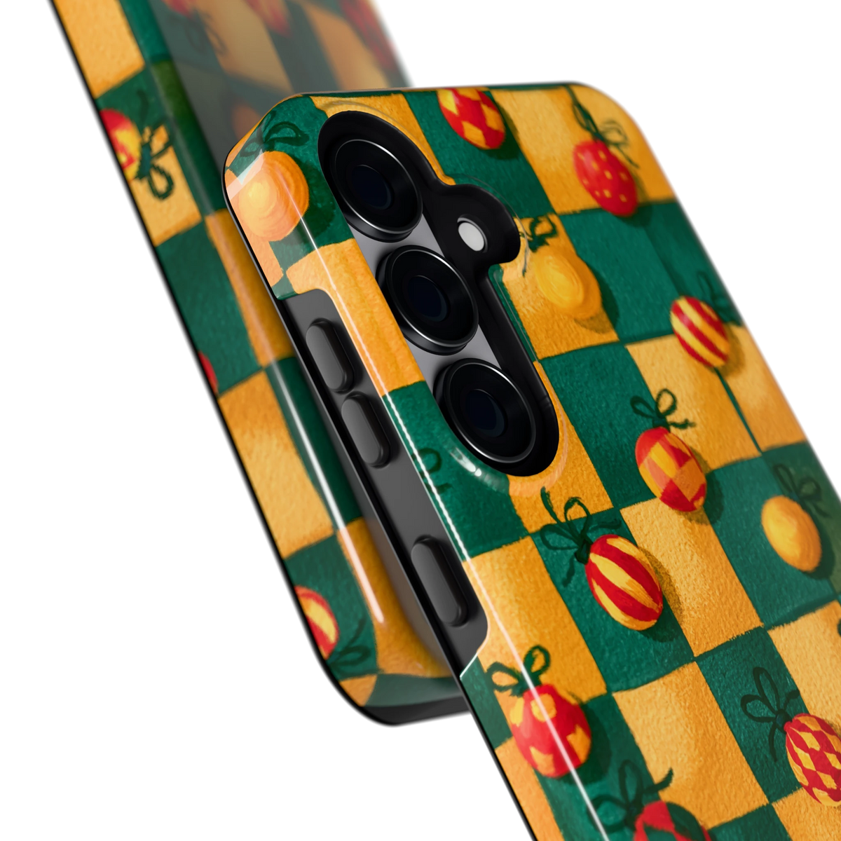 Geblokte Kerstballen hoesje voor Galaxy S25, close-up