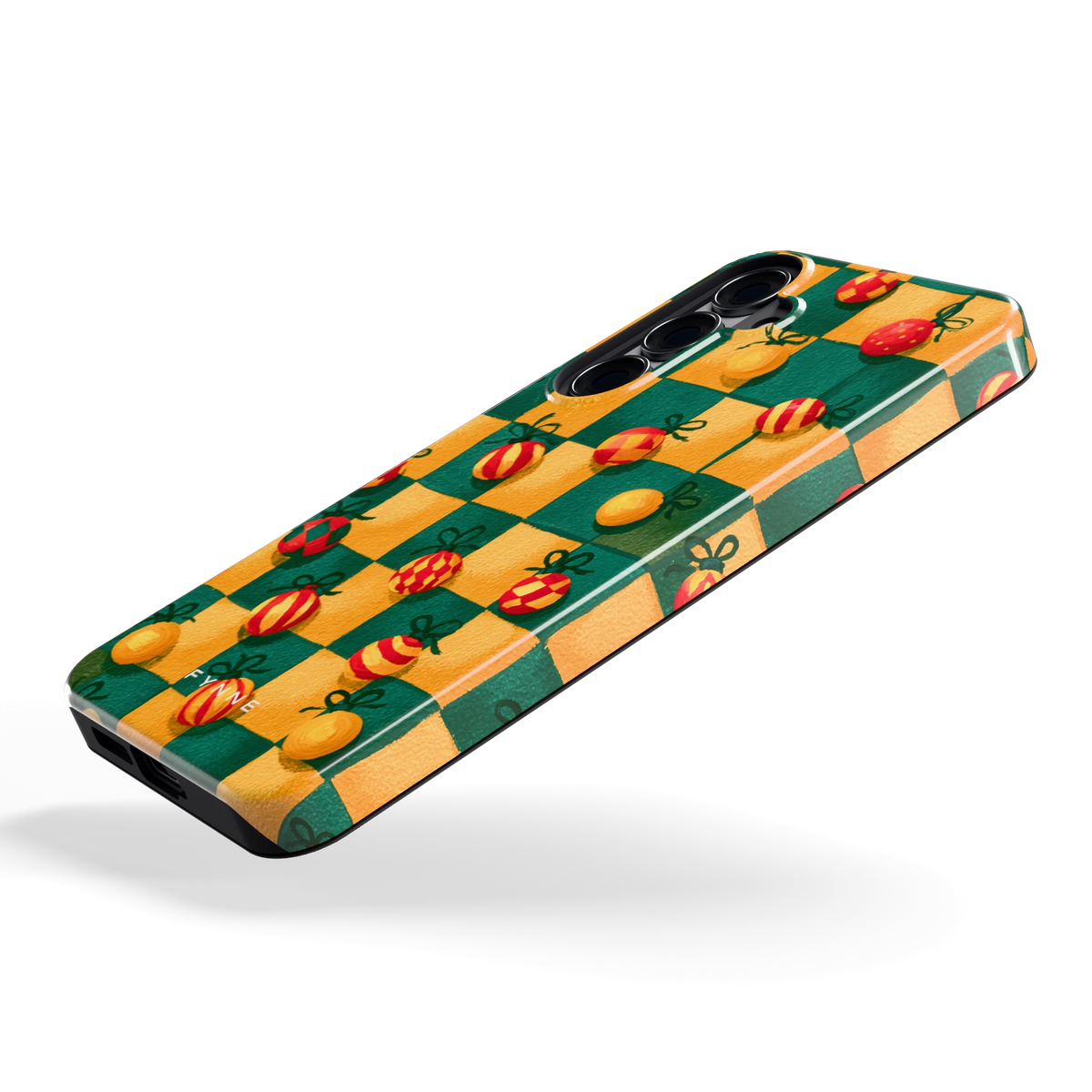 Geblokte Kerstballen hoesje voor Galaxy S25+, schuin