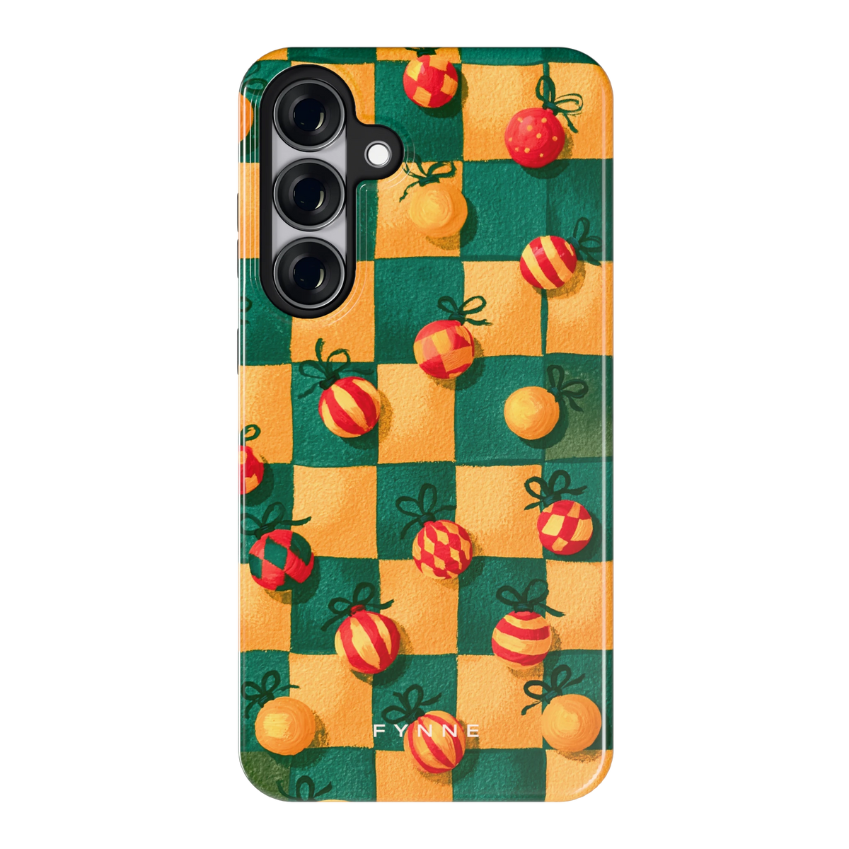 Geblokte Kerstballen hoesje voor Galaxy S25+, achterkant