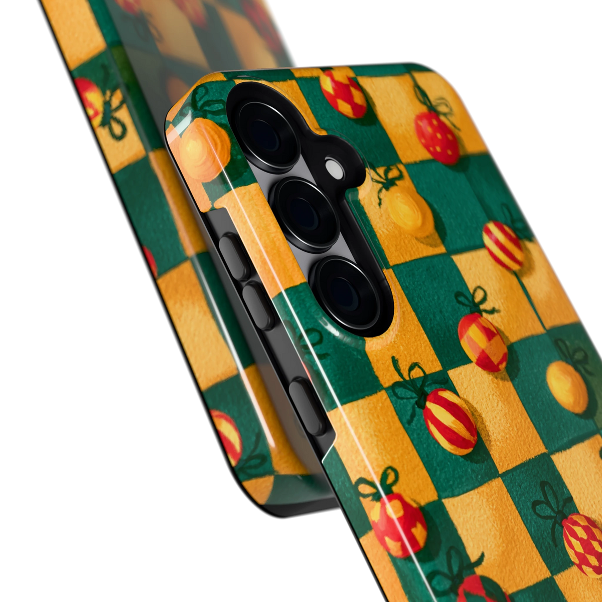Geblokte Kerstballen hoesje voor Galaxy S25+, close-up