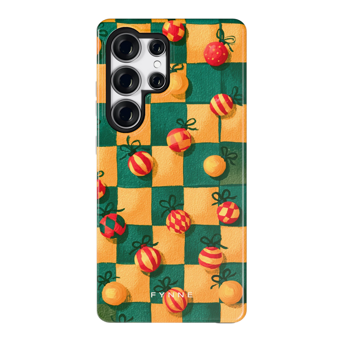 Geblokte Kerstballen hoesje voor Galaxy S25 Ultra, achterkant