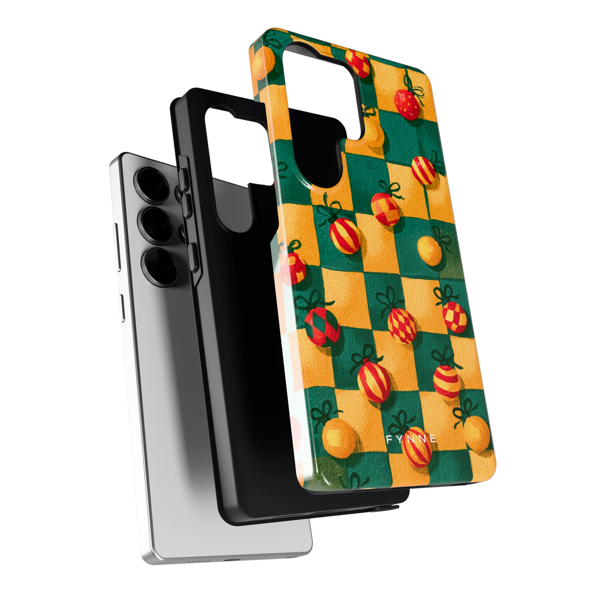 Geblokte Kerstballen hoesje voor Galaxy S25 Ultra, los van de telefoon
